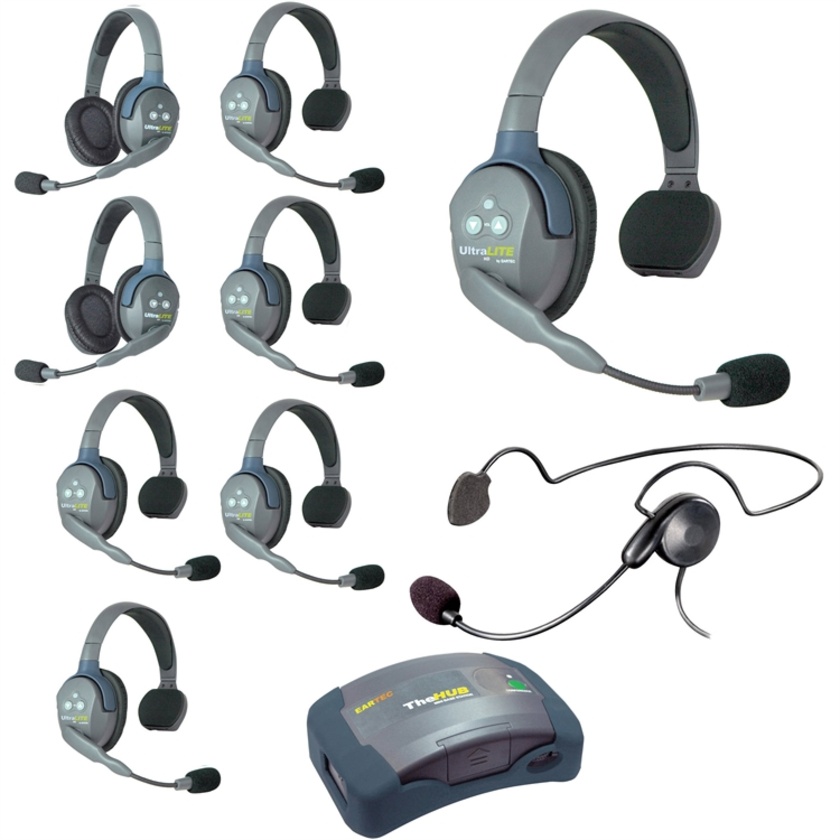 Eartec Ultralite Hub 9 Person System with 6 Single, 2 Double and 1 Plug-In Cyber Headset