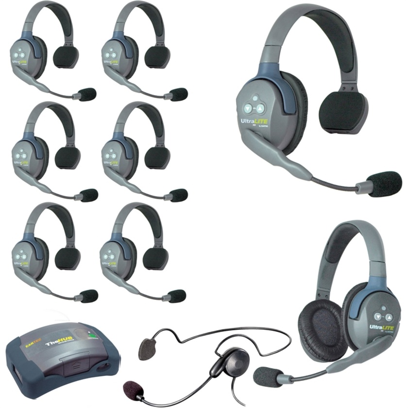 Eartec Ultralite Hub 9 Person System with 7 Single, 1 Double and 1 Plug-In Cyber Headset