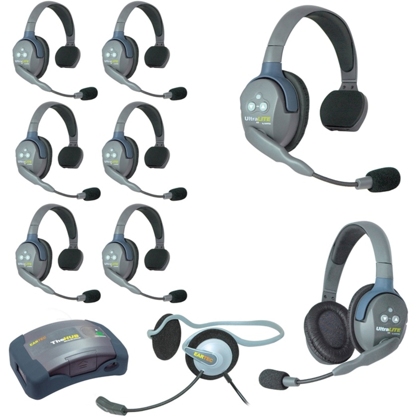 Eartec Ultralite Hub 9 Person System with 7 Single, 1 Double and 1 Monarch Headset