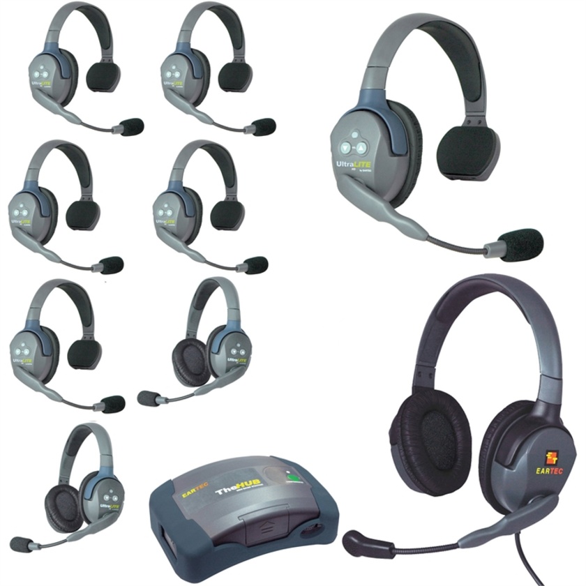 Eartec Ultralite Hub 9 Person System with 6 Single, 2 Double and 1 Max4G Double Headset