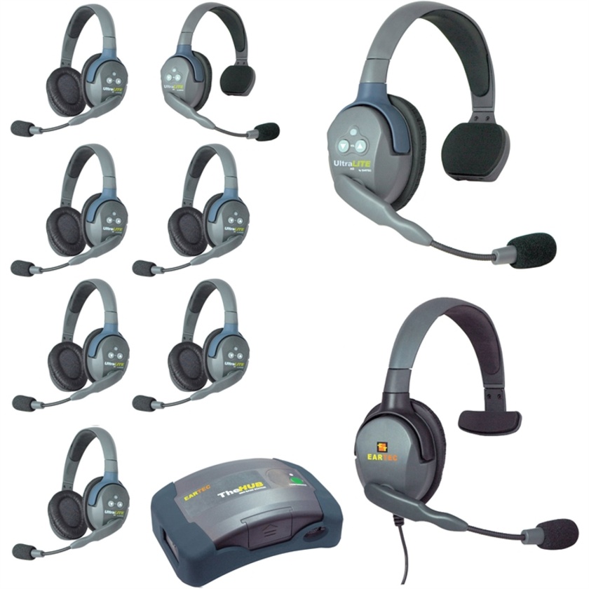 Eartec Ultralite Hub 9 Person System with 2 Single, 6 Double and 1 Max4G Single Headset