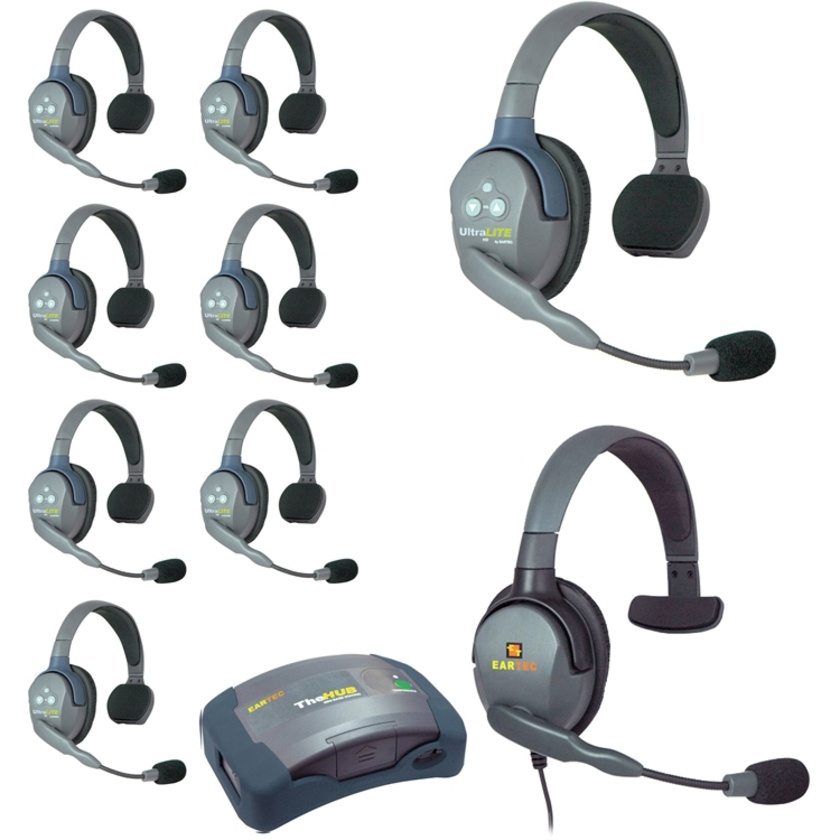 Eartec Ultralite Hub 9 Person System with 8 Single and 1 Max4G Single Headset