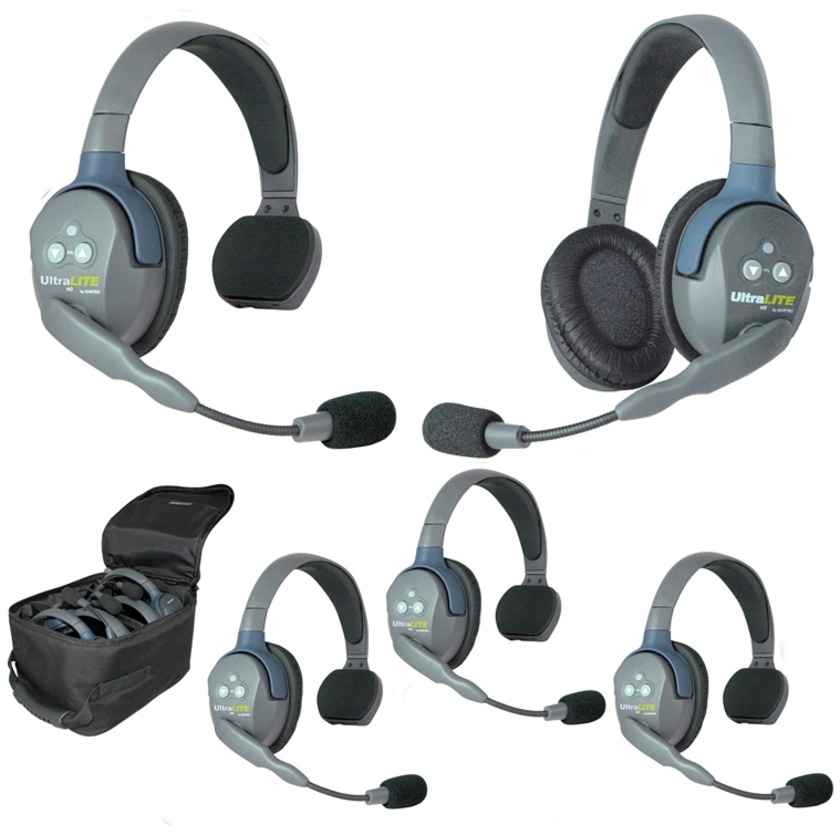 Eartec Ultralite 5 Person System with 4 Single and 1 Double Headsets