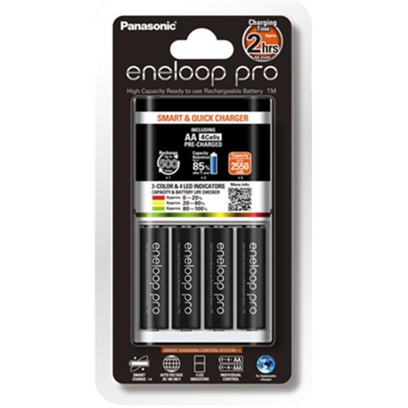 Panasonic Eneloop Quick Charger + Pro AA Rechargeable Ni-MH Batteries (2550 mAh, 4 Pack)