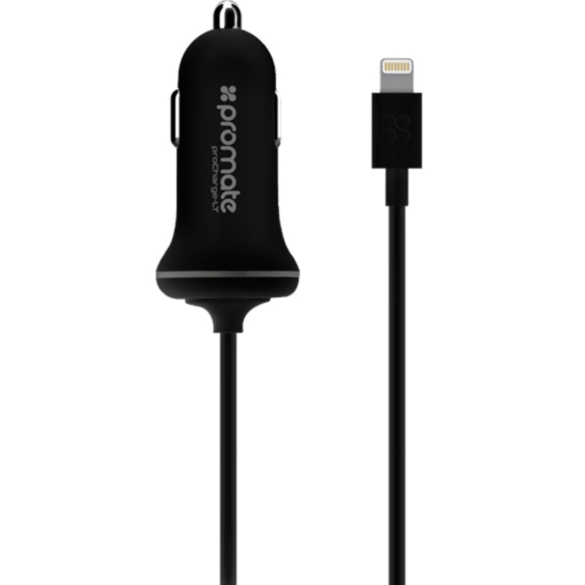 Promate 2.1A Car Charger with Lightning Connector (Black, 1.2m)