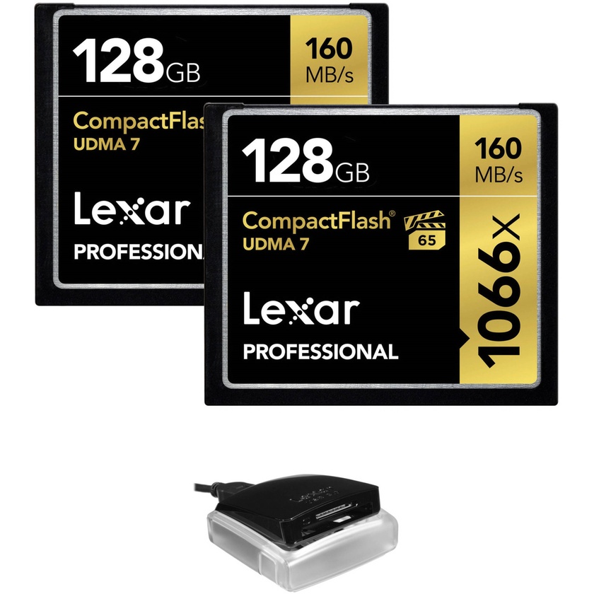 Lexar 128GB Professional 1066x CompactFlash Memory Card (2-Pack) with USB 3.0 Dual-Slot Card Reader