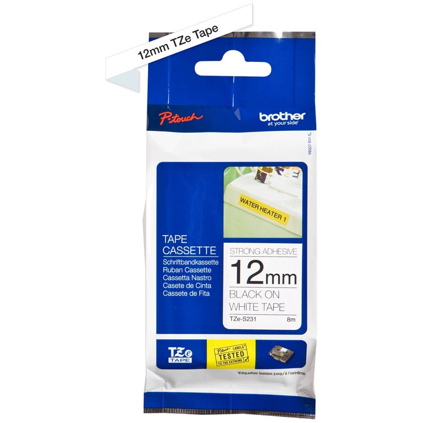 Brother TZe-S231 12mm x 8m Extra Strength Black on White Tape