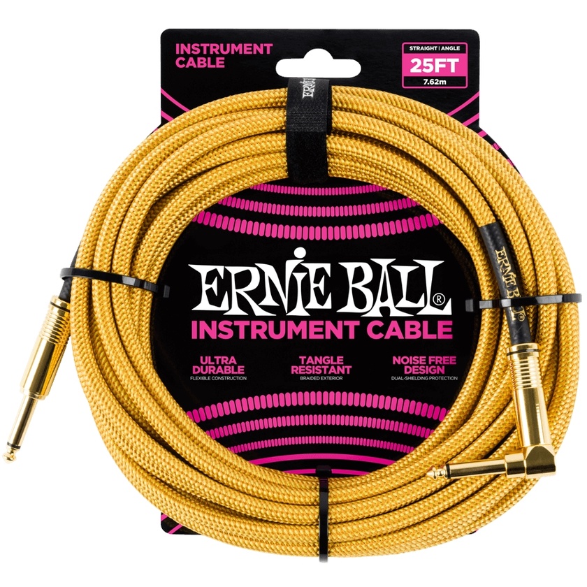 Ernie Ball 25' Braided Straight / Angle Instrument Cable - Gold / Gold