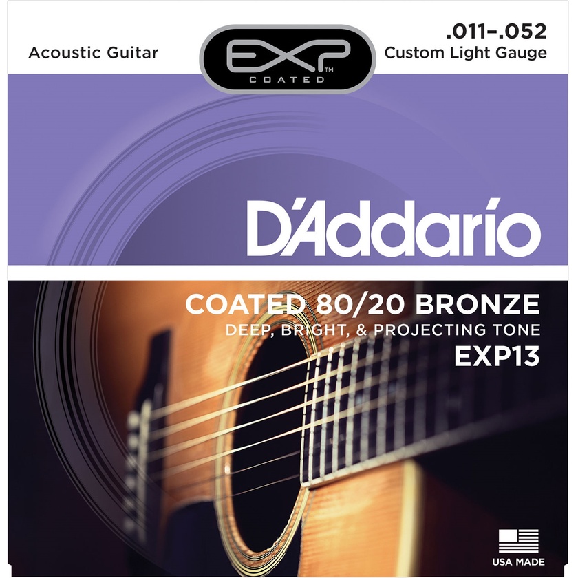 D'Addario EXP13 Custom Light Coated 80/20 Bronze Acoustic Guitar Strings (6-String Set, 11 - 52)