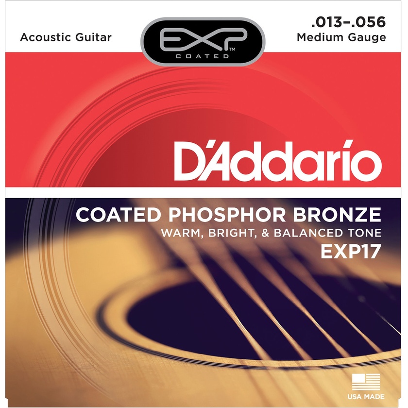 D'Addario EXP17 Medium Coated Phosphor Bronze Acoustic Guitar Strings (6-String Set, 13 - 56)
