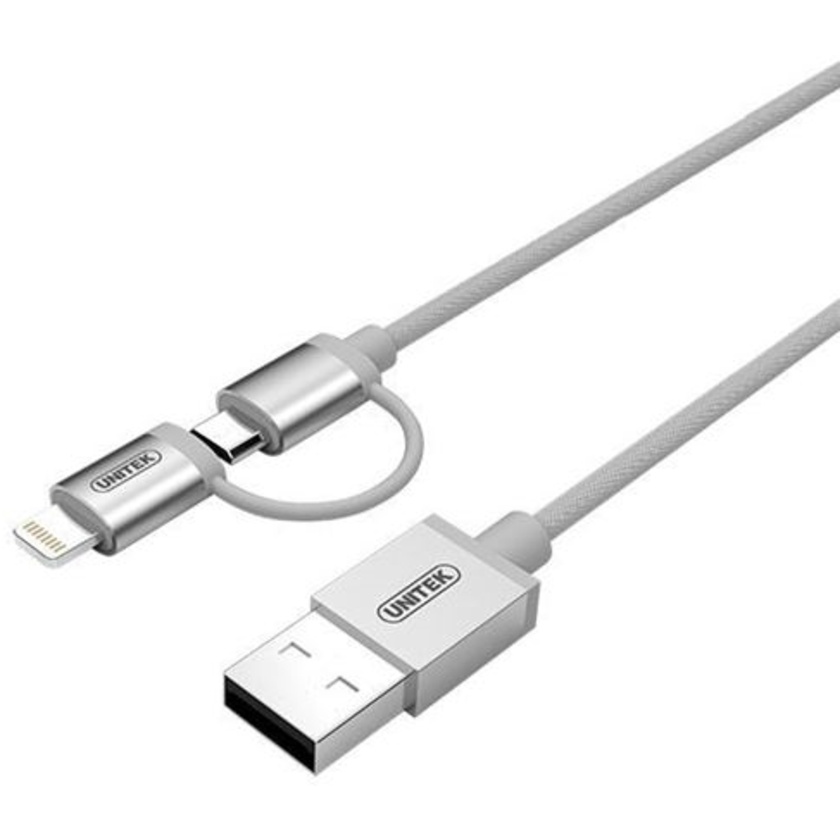 UNITEK 1m 2-in-1 USB-A to Micro USB & Lightning Adaptor Cable (Silver)