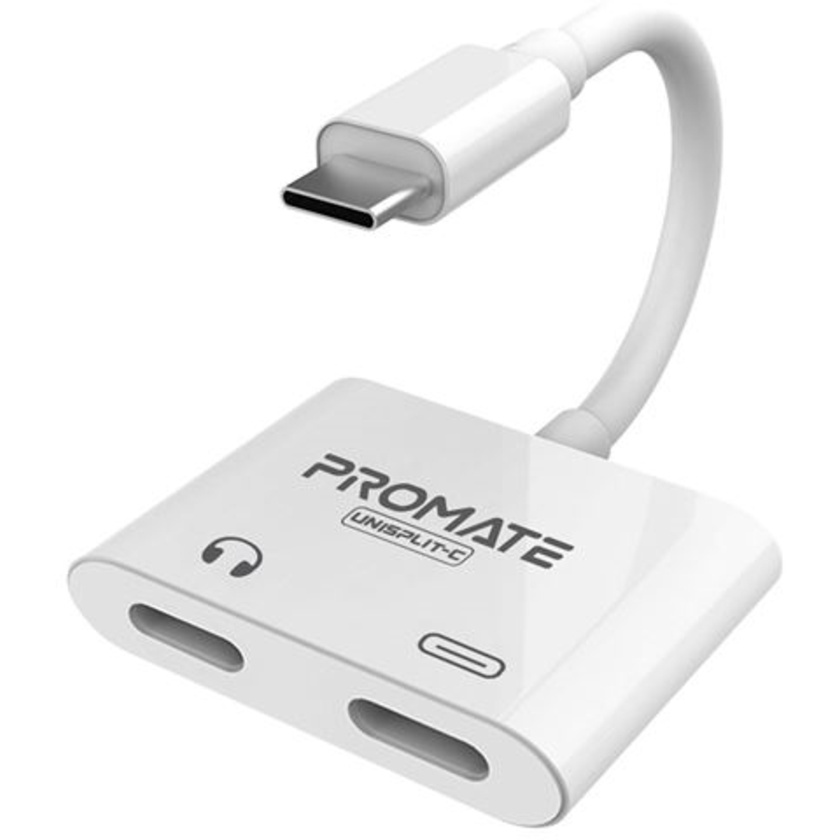 Promate UniSplit-C 2-in-1 Audio & Charge USB-C Adapter (White)