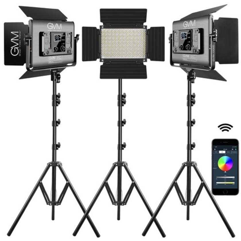 GVM 1000D RGB LED Studio Video Light Bi-Color Soft 3-Light Panel Kit