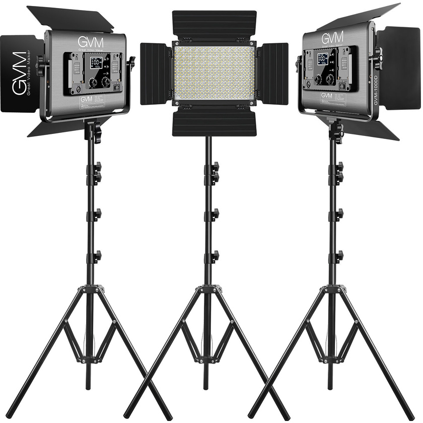 GVM 1000D RGB LED Studio Video Light Bi-Color Soft 3-Light Panel Kit with Softboxes