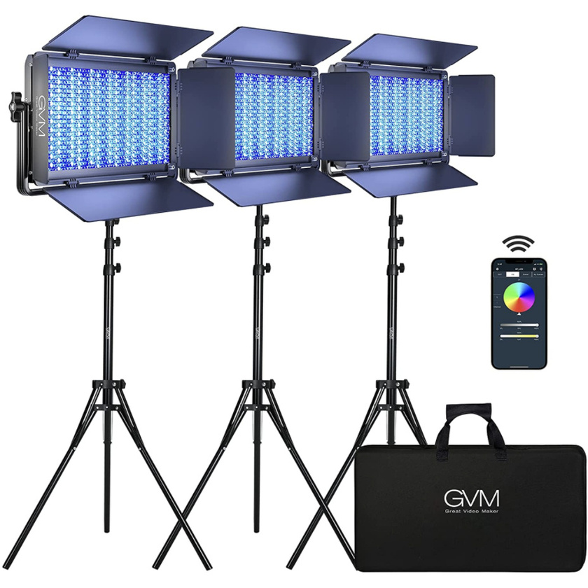 GVM 1500D RGB LED Studio Video Light Bi-Colour Soft 3-Light Panel Kit