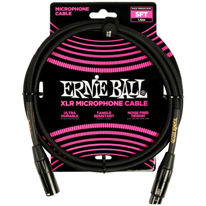 Ernie Ball 1.52m Braided Male Female XLR Microphone Cable (Black)