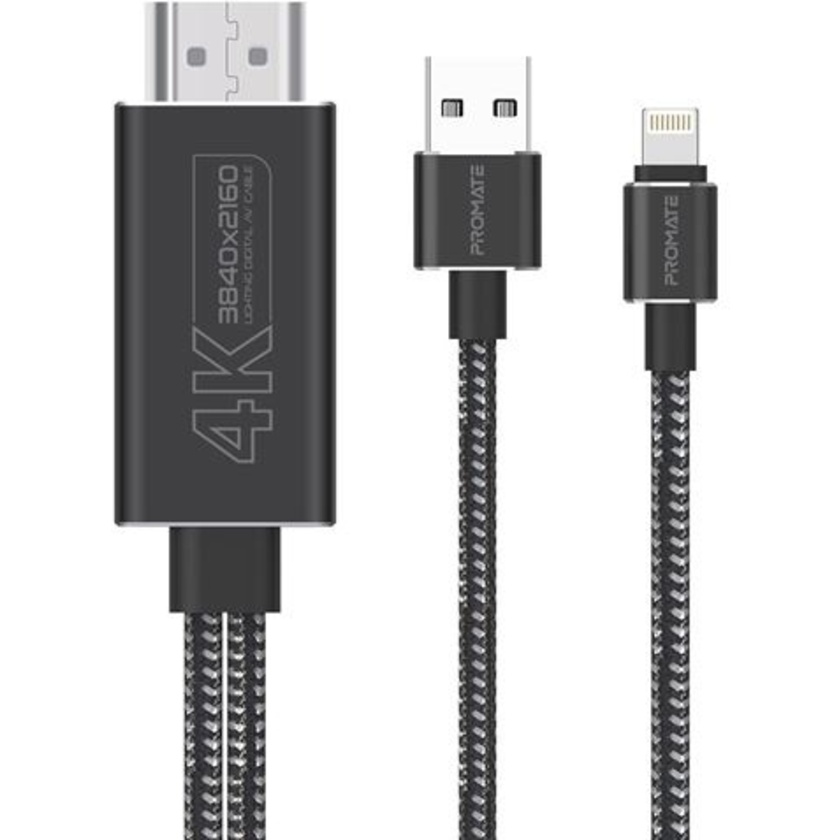 Promate 4K Lightning Connector to HDMI Cable with Charging Bridge (1.8m)