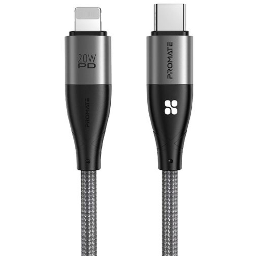 Promate iCord 20W PD USB-C to Lightning Nylon Braided Cable (Black, 1.2m)