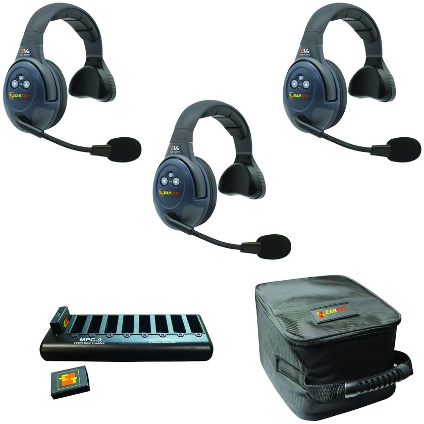 Eartec EVADE EVX3S Full Duplex Wireless Intercom System W/ 3 Single Speaker Headsets