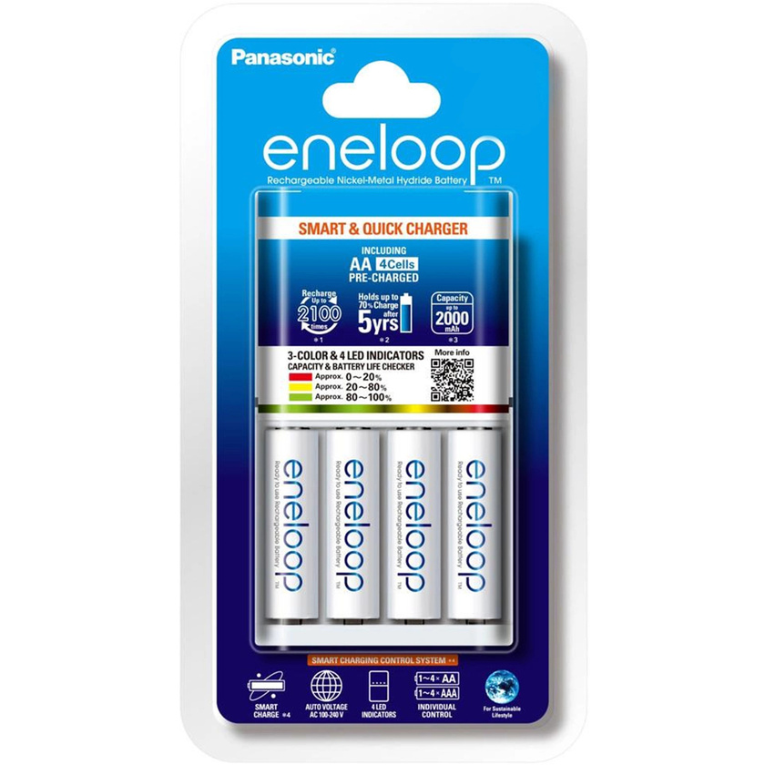 Eneloop Quick Charger + AA Rechargeable Ni-MH Batteries (2000 mAh, 4 Pack)