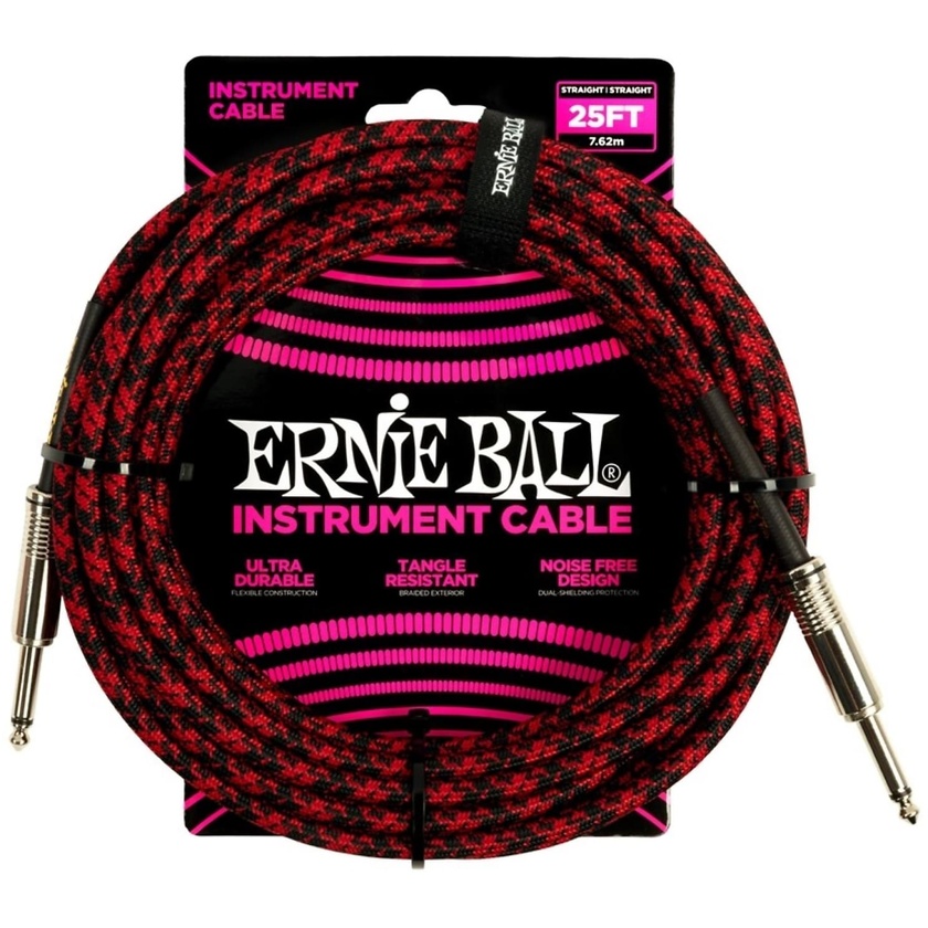Ernie Ball 7.6m Braided Straight Straight Instrument Cable (Red Black)