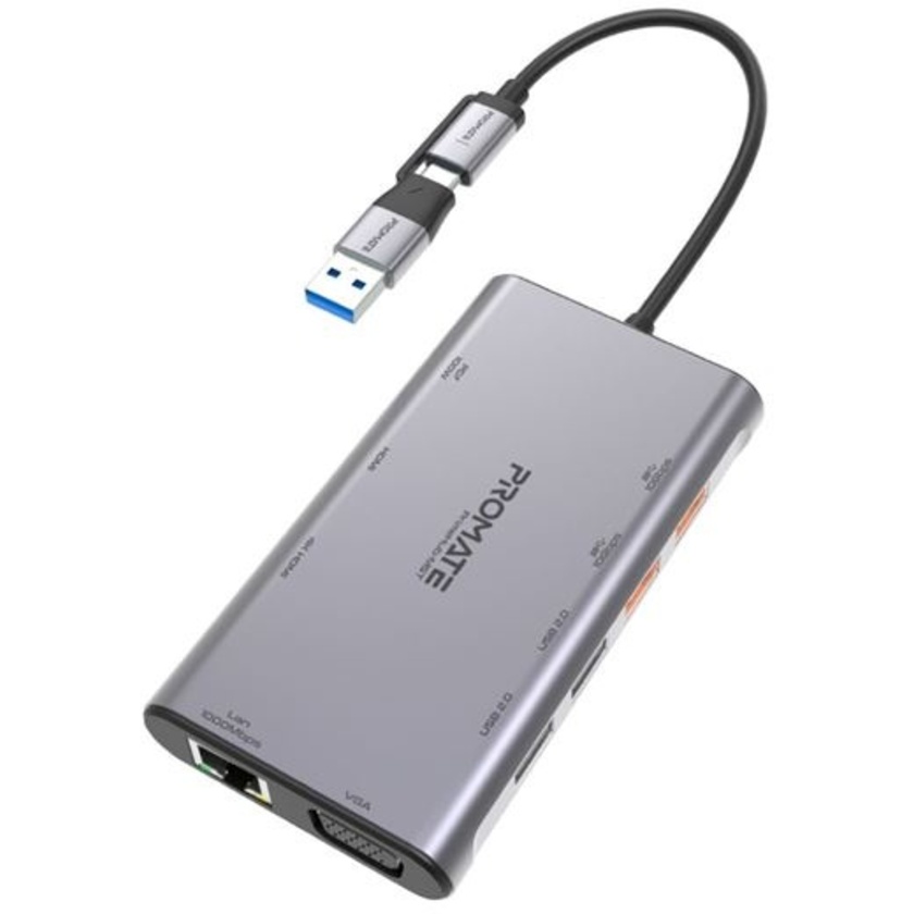Promate 9-in-1 Multi-Port Hub with USB-C & USB-A Connectors