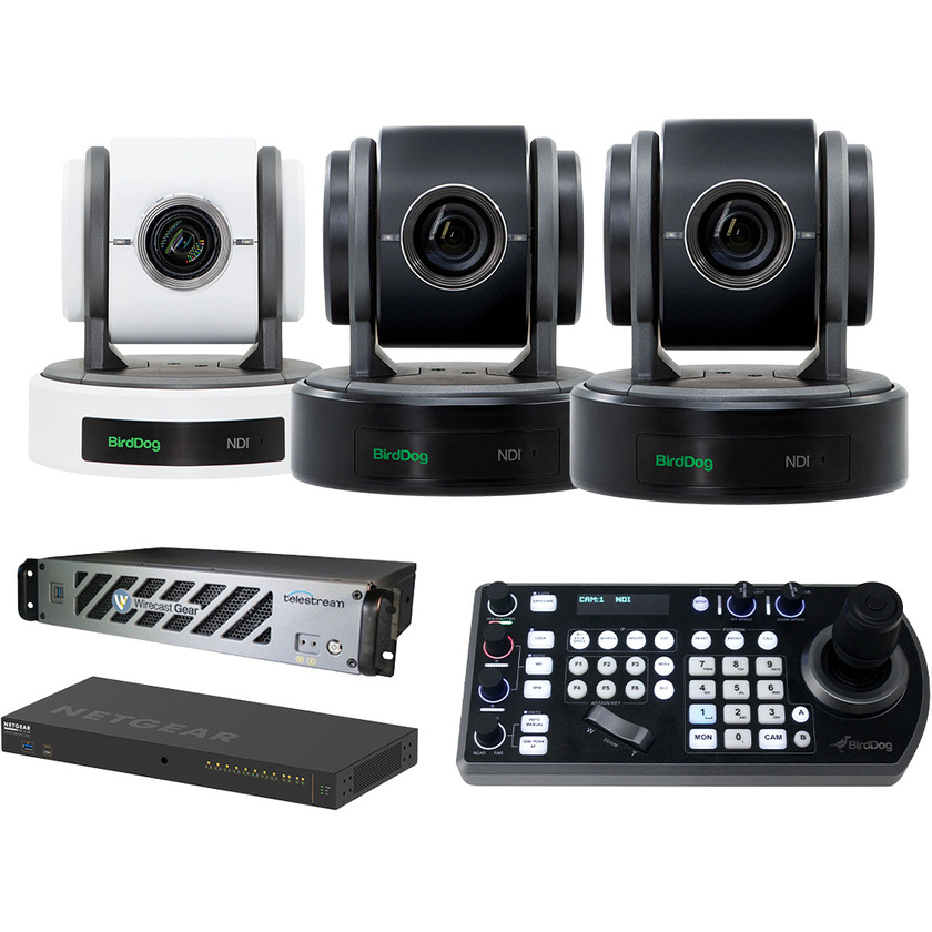 BirdDog Studio Bundle (2x Black 1x White PTZ) w/ Telestream Wirecast Gear 420 & Netgear M4250 Switch