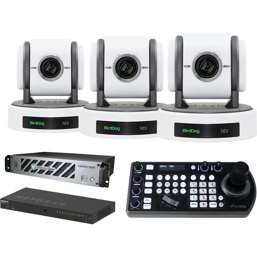BirdDog Studio Bundle (3x White PTZ) w/ Telestream Wirecast Gear 420 & BONUS Netgear M4250 Switch