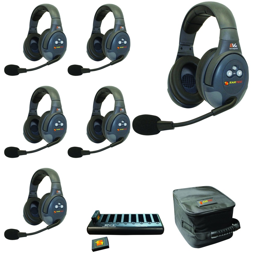 Eartec EVADE EVX6D Full Duplex Wireless Intercom System W/ 6 Dual Speaker Headsets