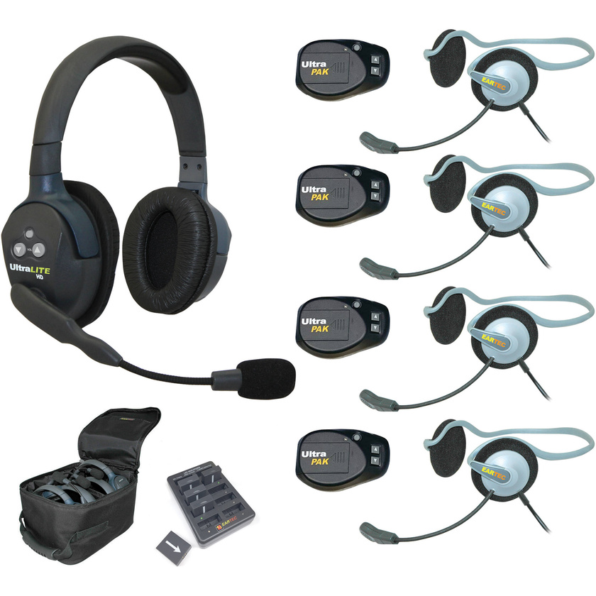 Eartec UltraLITE Double Full-Duplex Wireless Intercom System with 4 UltraPAK and 4 Monarch Headsets