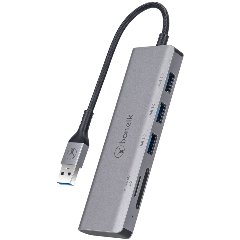 Bonelk Long-Life USB-A to 3 Port USB 3.0 + SD/Micro SD Reader (Space Grey)