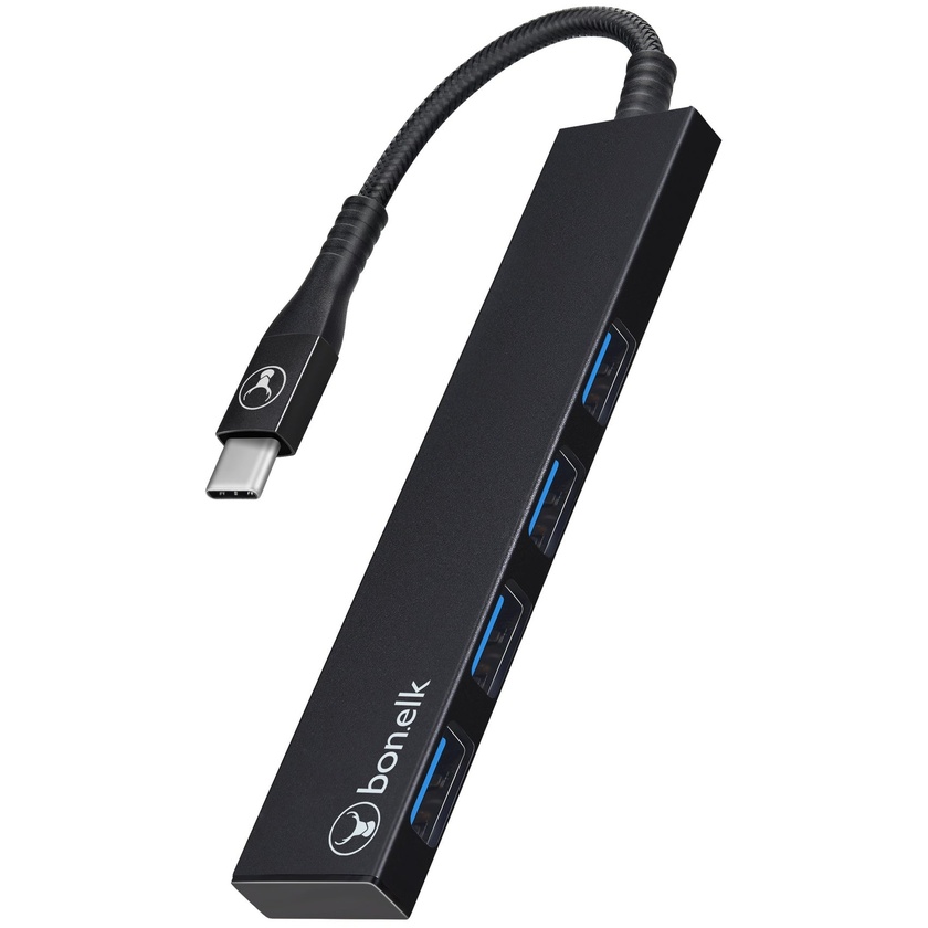 Bonelk Long-Life USB-C to 4 Port USB 3.0 Slim Hub (Black)
