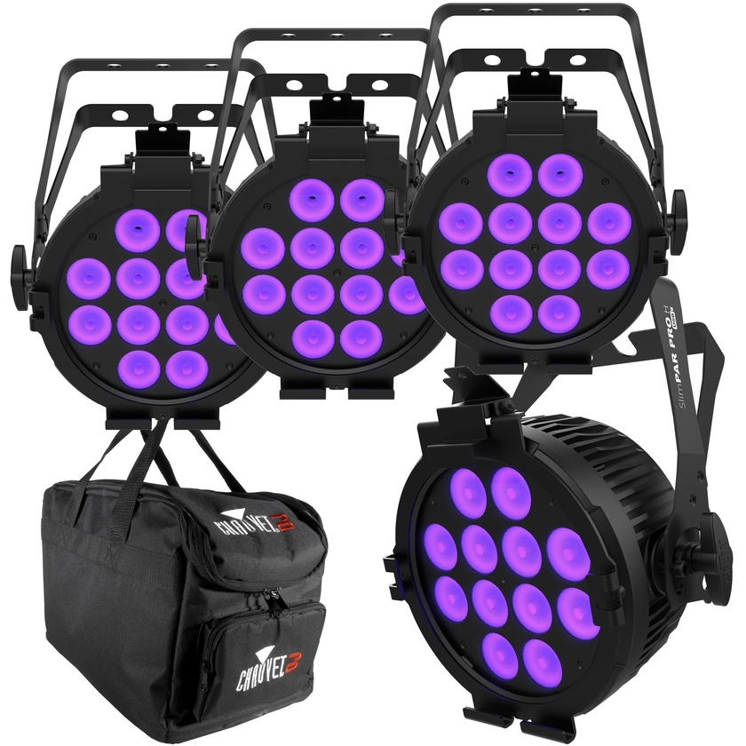 Chauvet SlimPAR Pro H USB Low-Profile RGBAW+UV LED 4 Light Bundle (Black)