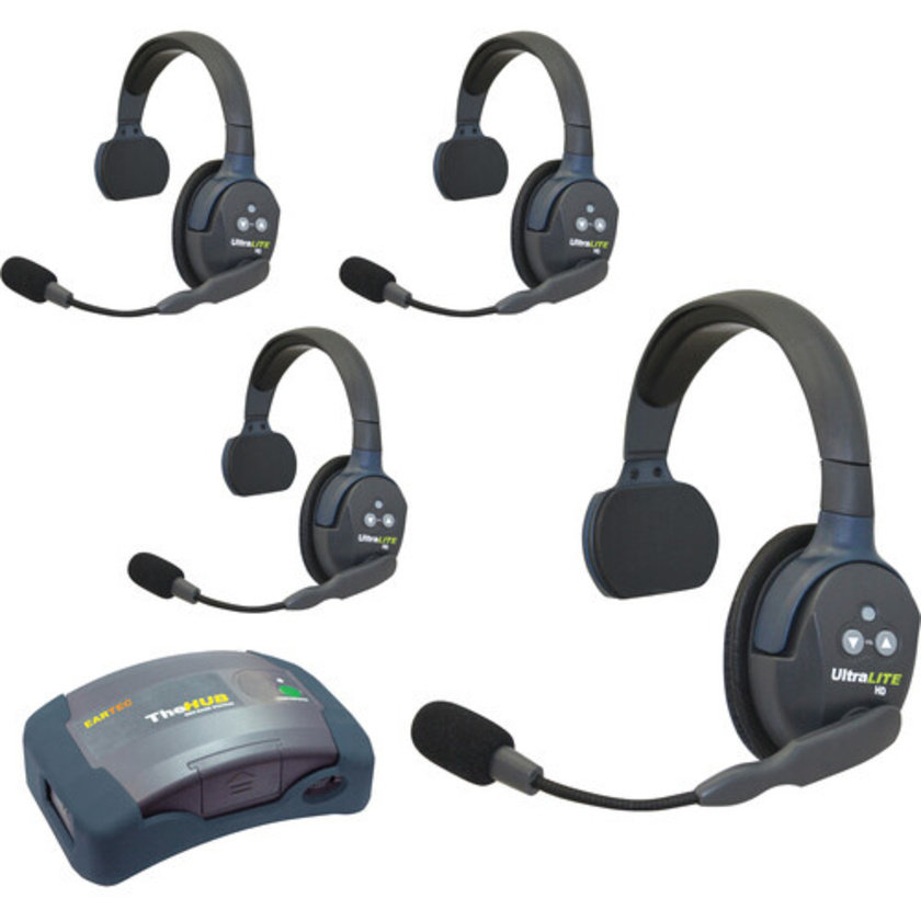 Eartec HUB4S UltraLITE & HUB 4 person system w/ 4 Single Headsets, batteries, charger & case