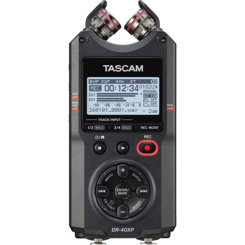 Tascam DR-40XP 4-Channel 32-Bit Float Portable Field Recorder with USB-C Interface and Adjustable Mics