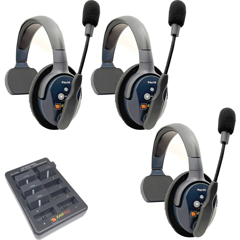 Eartec UltraLITE Pro16 Full-Duplex Wireless Intercom System with 3 Single-Ear Headsets (2.4 GHz)