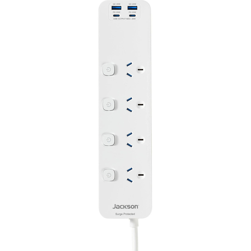 Jackson Rapid Charge 4 Outlet PD20W USB-C Powerboard with Individual Switches - White