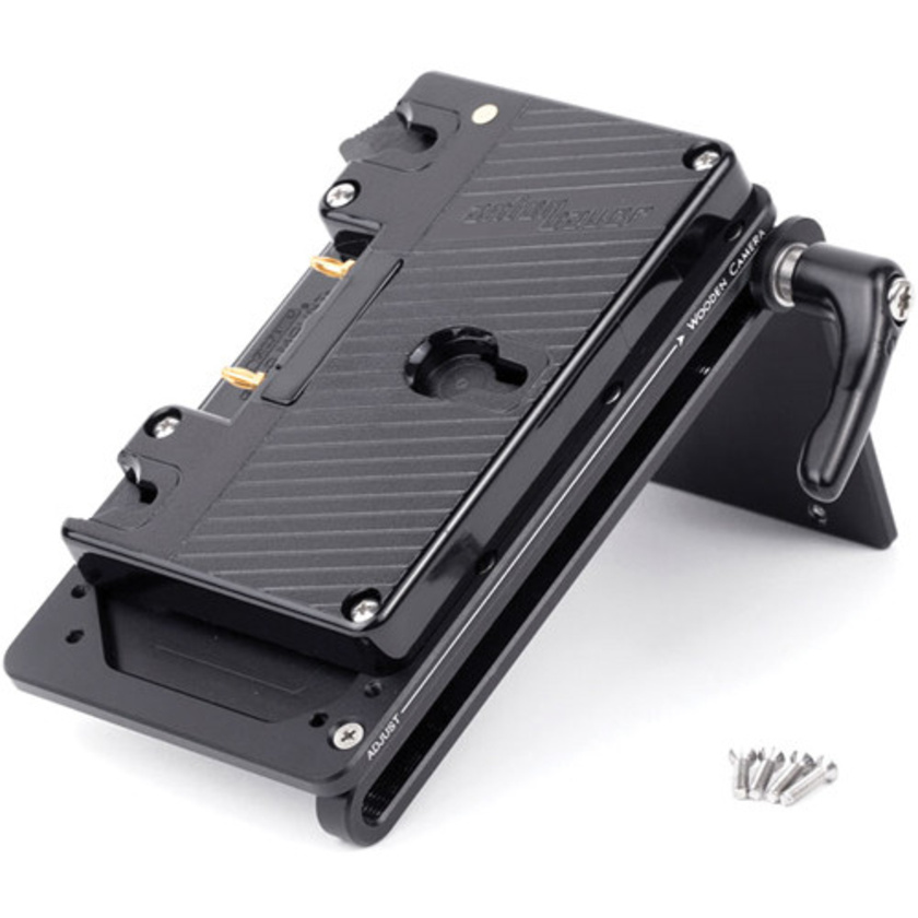 Wooden Camera Battery Slide with Gold Mount Plate and AJA CION Molex Connector