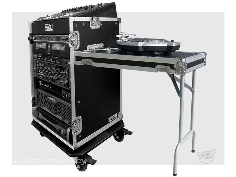 Road Ready 11U slant rack with casters and table