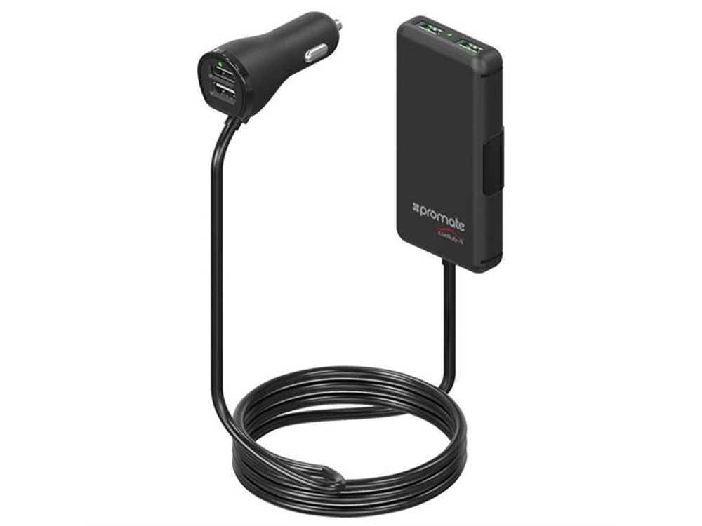 Promate 7.2A Ultra-Fast Quad USB Charger w/ Dual Port Rear Seat Extended Charging Hub (Black)
