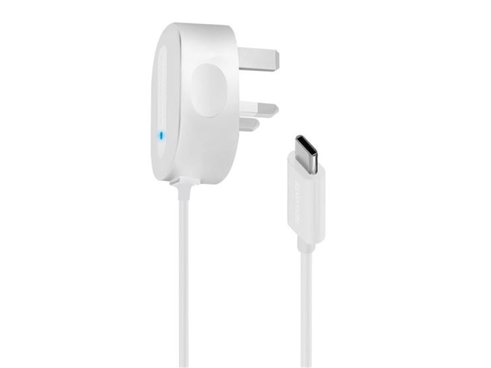 Promate Portable USB Type-C 5V,3A Wall Charger with Built-in Charging Cable (White)