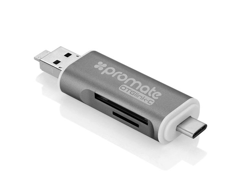 Promate 3-in-1 USB Type-C OTG Card Reader for Smartphones, Tablets & Computers (Grey)