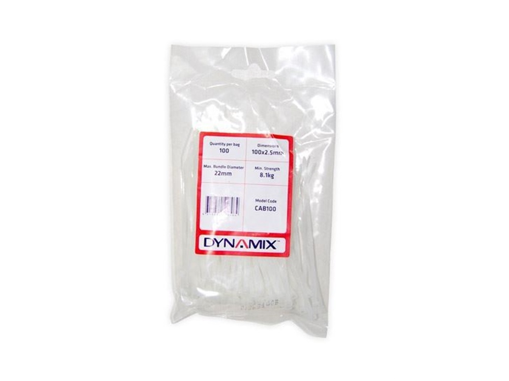 DYNAMIX CAB100 Cable Ties 100mm x 2.5mm (10 x  0.25 cm) - 100 Pack, White