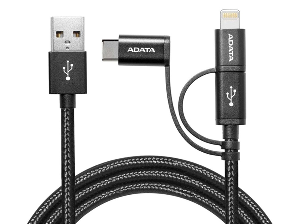 ADATA USB Type A/Micro USB Cable w/ USB Type-C & Lightning Adapters (Black, 1 m)