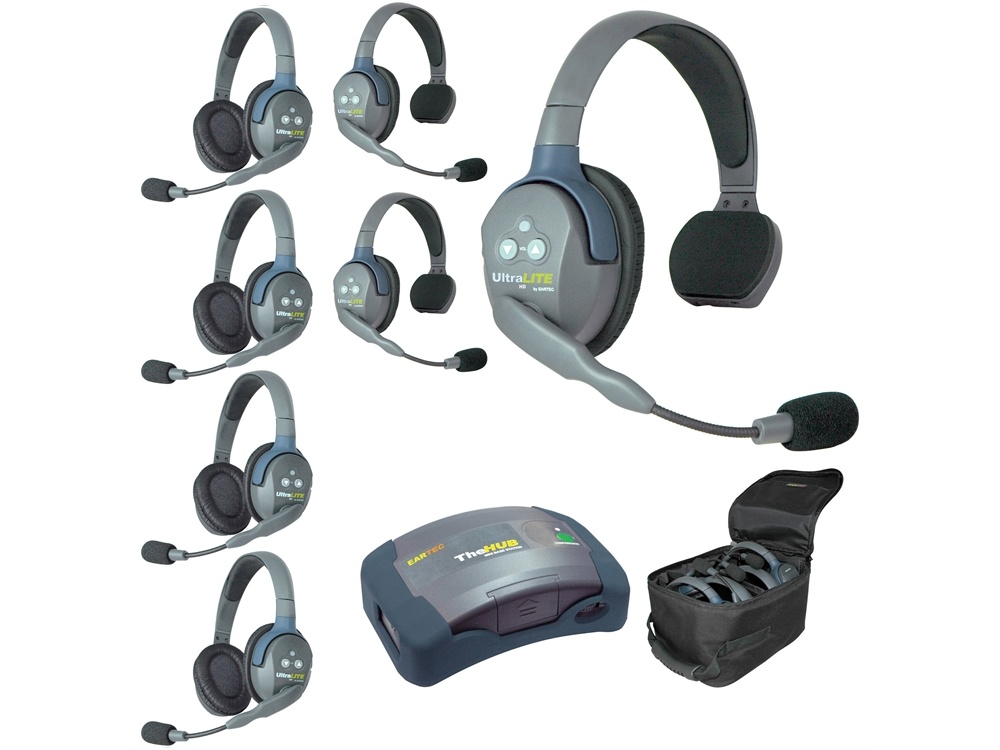 Eartec Ultralite Hub 7 Person System with 3 Single and 4 Double Headsets