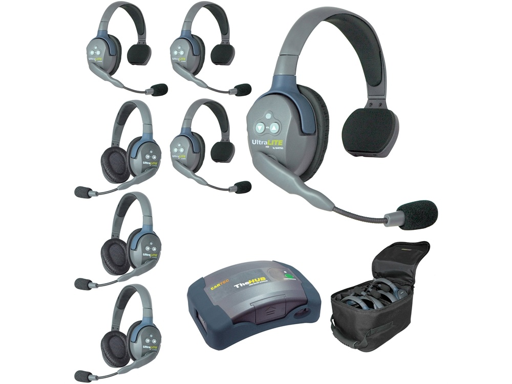 Eartec Ultralite Hub 7 Person System with 4 Single and 3 Double Headsets
