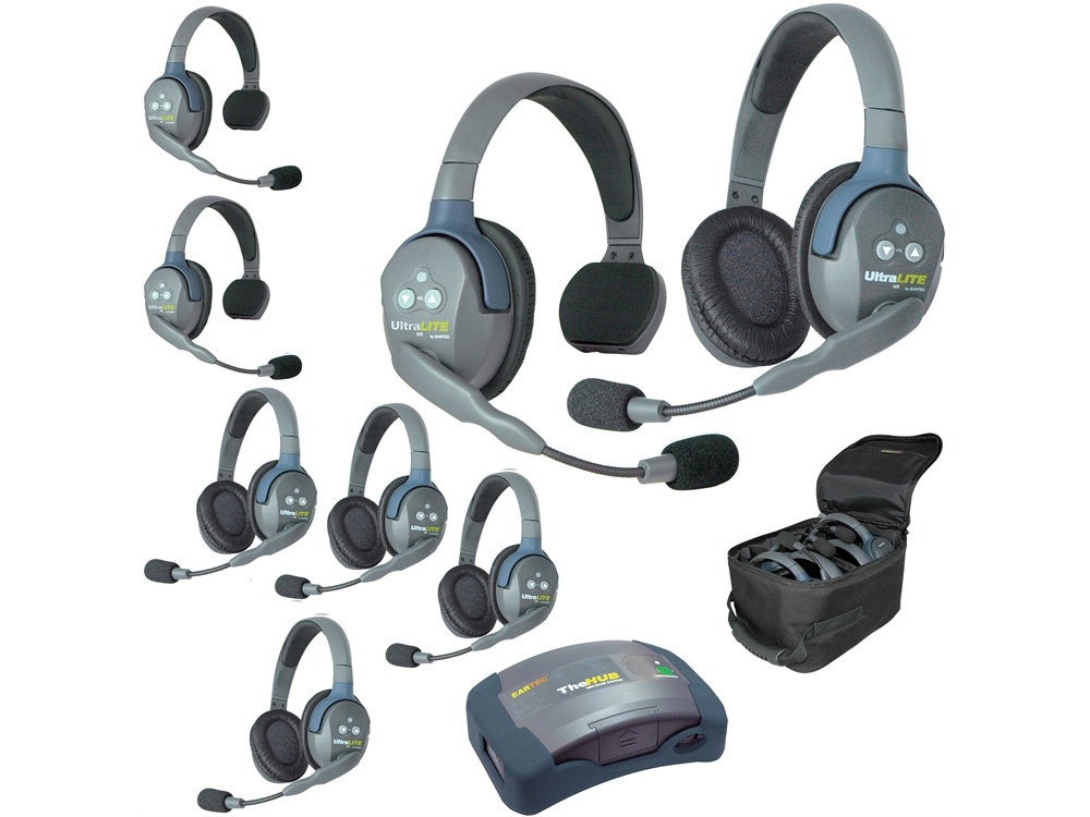 Eartec Ultralite Hub 8 Person System with 3 Single and 5 Double Headset