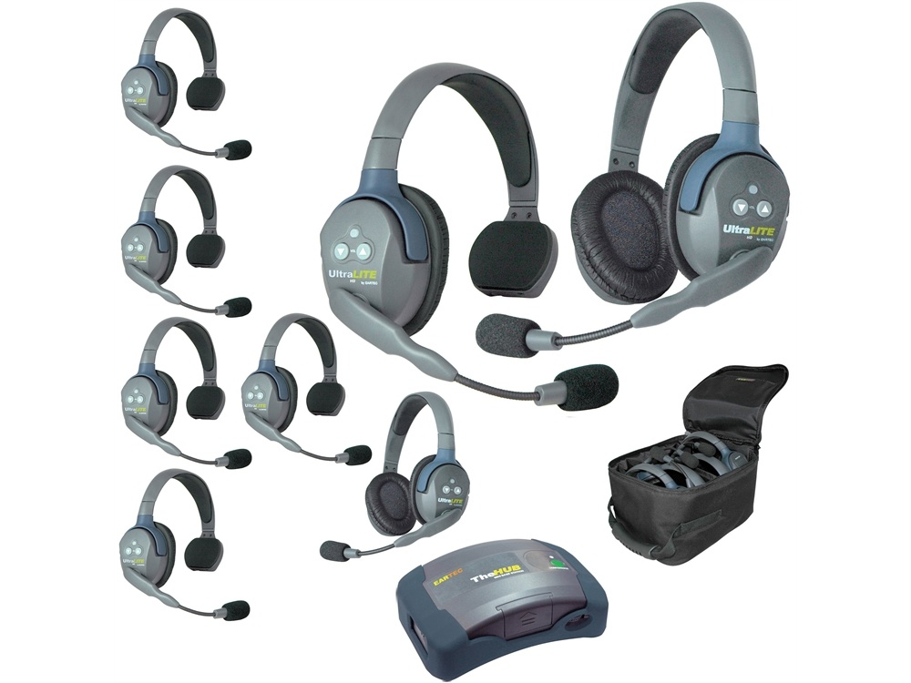 Eartec Ultralite Hub 8 Person System with 6 Single and 2 Double Headset