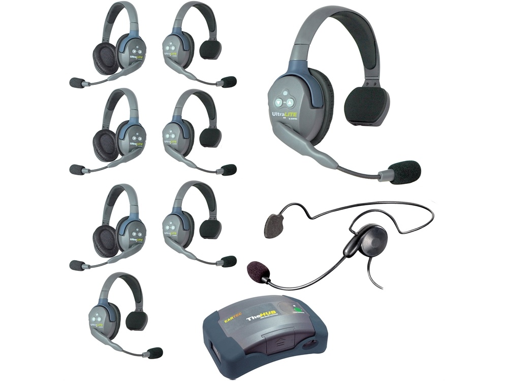 Eartec Ultralite Hub 9 Person System with 5 Single, 3 Double and 1 Plug-In Cyber Headset