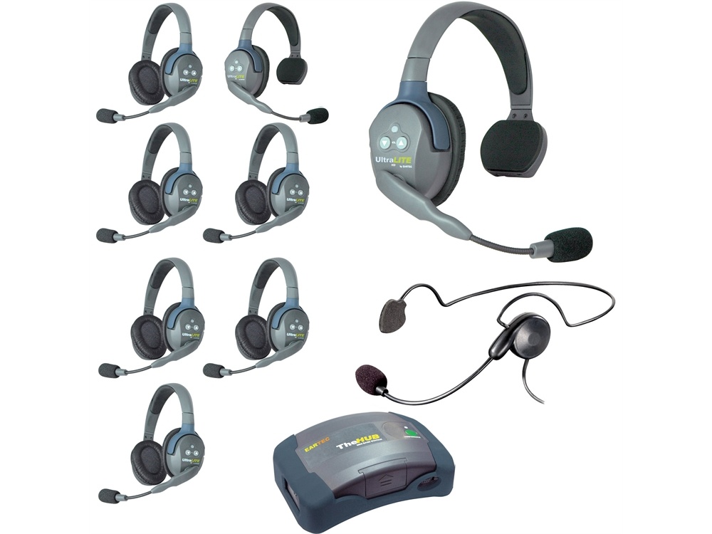Eartec Ultralite Hub 9 Person System with 2 Single, 6 Double and 1 Plug-In Cyber Headset